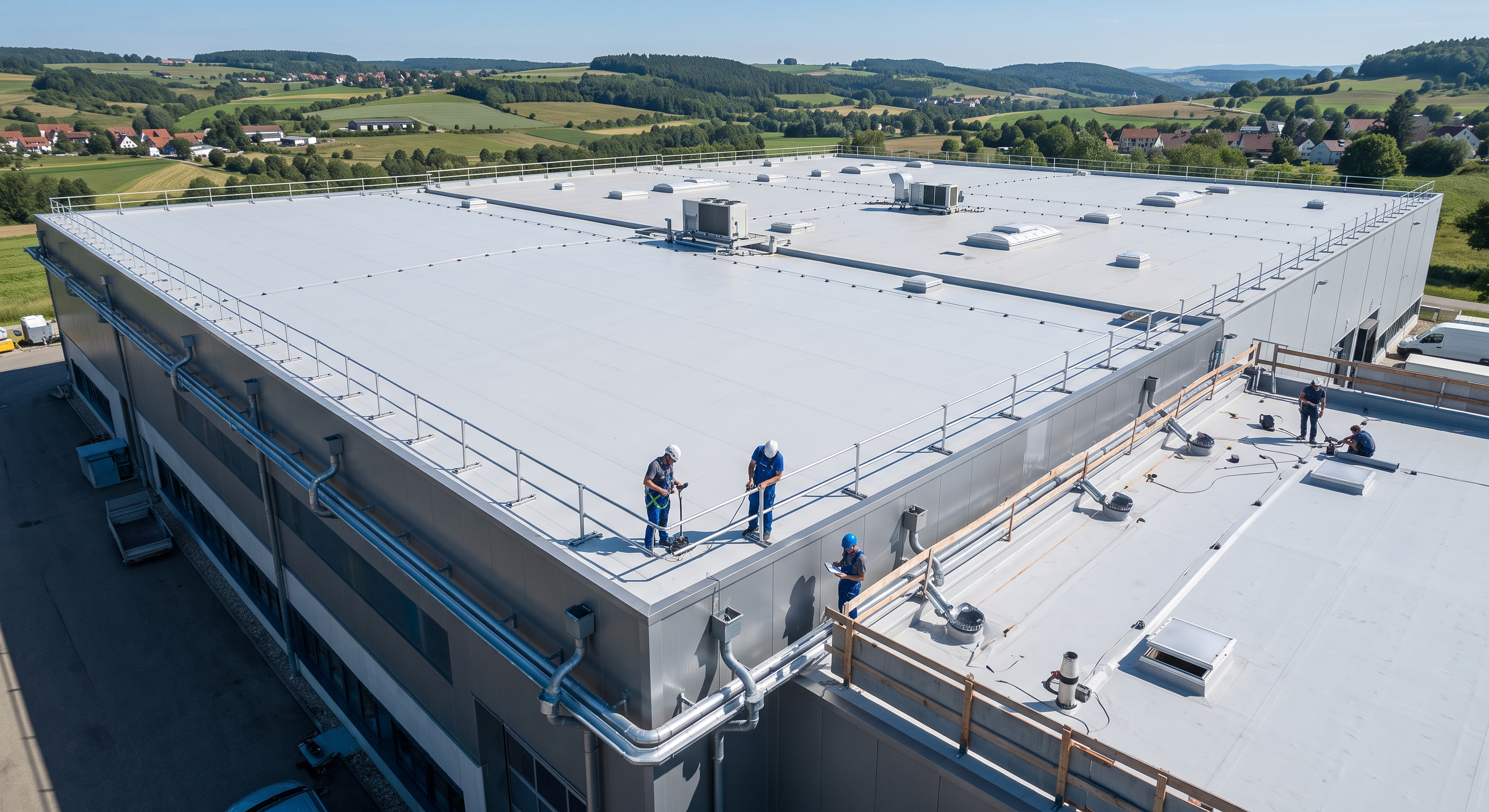 Symbolbild: Flachdachsanierung an einem Gewerbegebäude in Münsingen durch Dachtechnik Bachofer